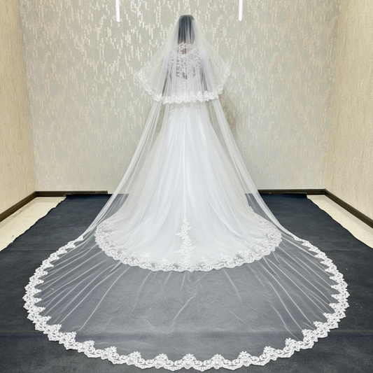 Premium cathedral bridal veil with delicate lace trim by GownLink
