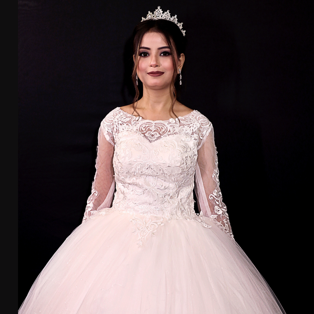 Elegant white Christian church gown with floral lace appliqué and timeless bridal craftsmanship