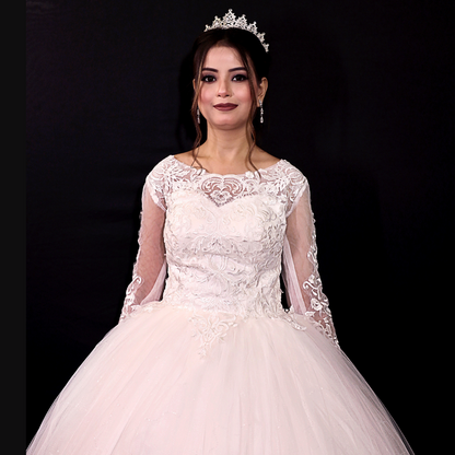 Elegant white Christian church gown with floral lace appliqué and timeless bridal craftsmanship