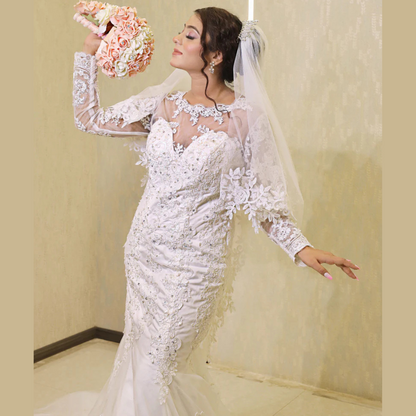 Close-up of lace and fabric detail on White Mermaid with Cathedral Train — GownLink GLGT044