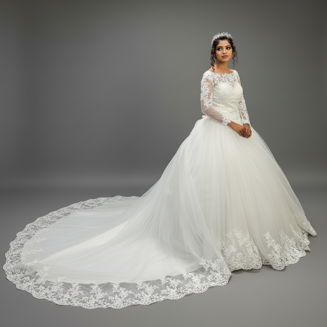 Sleeve detail close-up on White Bridal Gown with Long Train — GownLink GLHSD189T