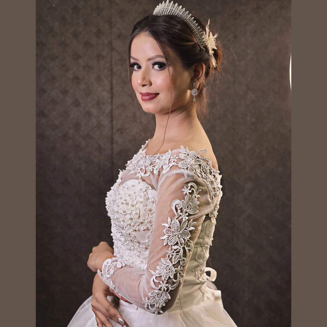 Side profile view of White Ball Gown showing silhouette — GownLink GLGF042B