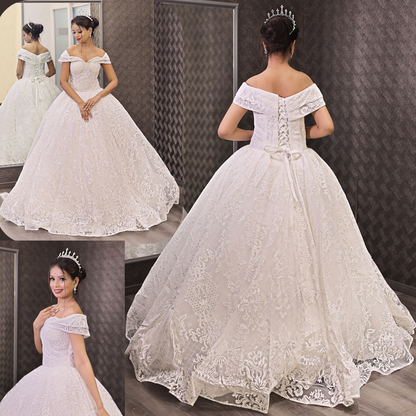 Side profile view of White Ball Gown with Off-Shoulder showing silhouette — GownLink GLGF108