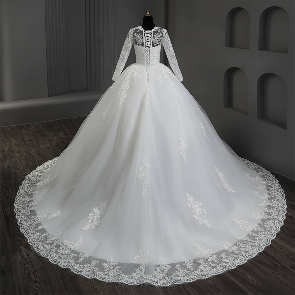 Embroidered lace Christian wedding dress with elegant bridal styling