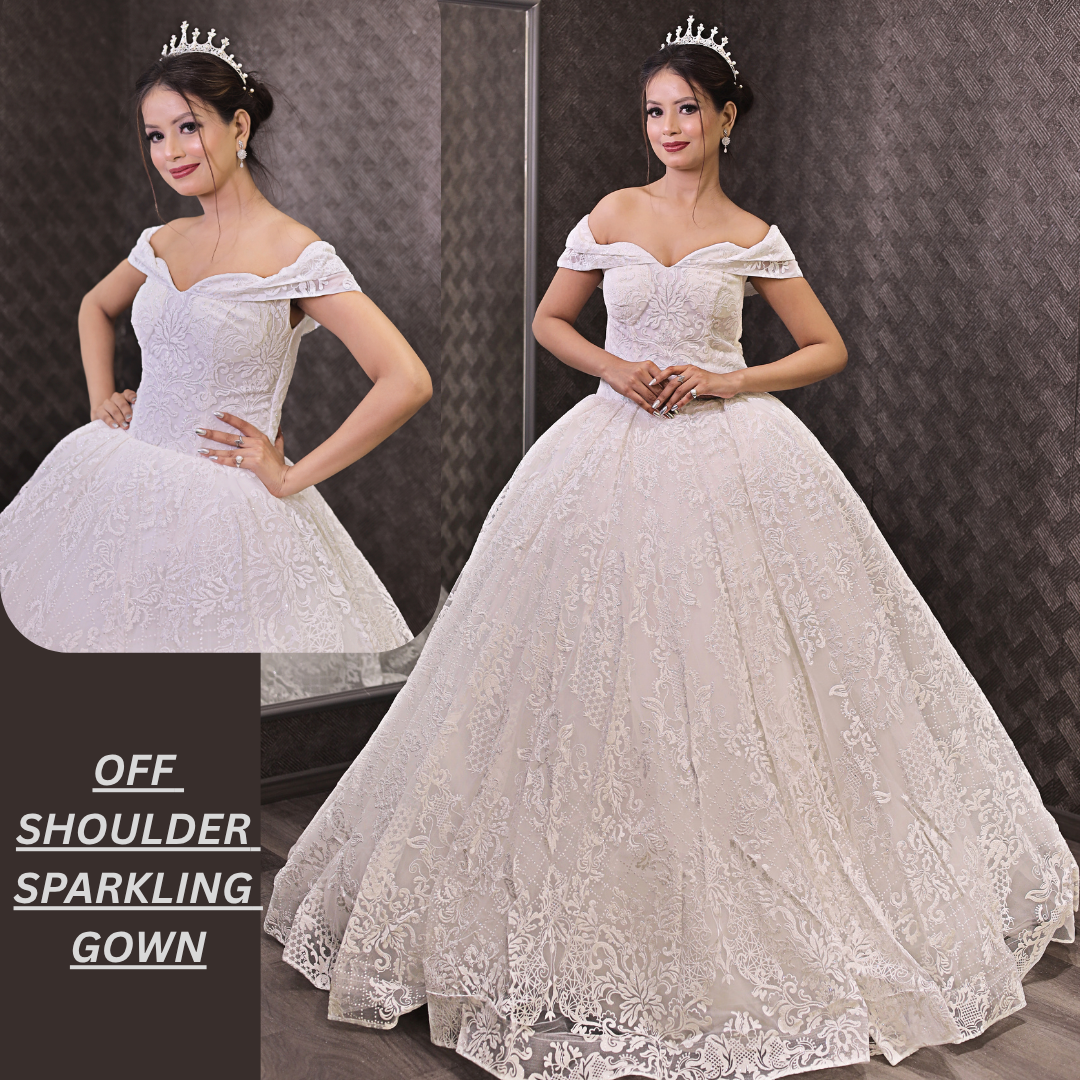 Sleeve detail close-up on White Ball Gown with Off-Shoulder — GownLink GLGF108