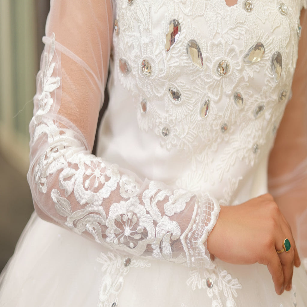 Embroidered lace church bridal dress designed for elegant Christian wedding ceremonies