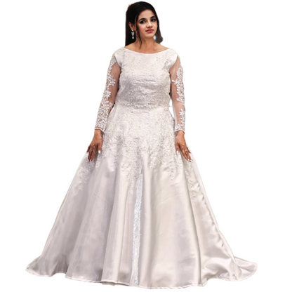 GownLink White Satin Christian Catholic Church Wedding Bridal Train Gown with Lace - GLHMST7