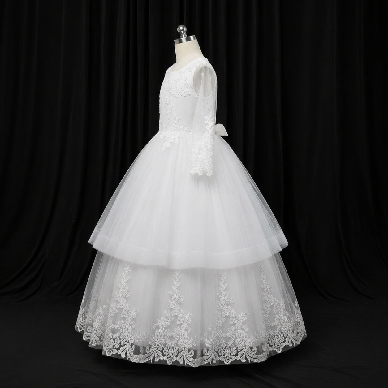 GownLink Girls First Holy Communion White Dress Lace Ball Gown with Belt for Church (HLC40B)