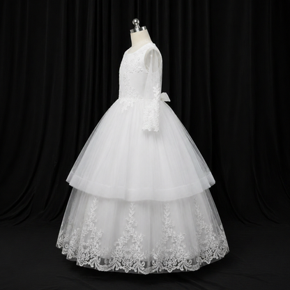 GownLink Girls First Holy Communion White Dress Lace Ball Gown with Belt for Church (HLC40B)