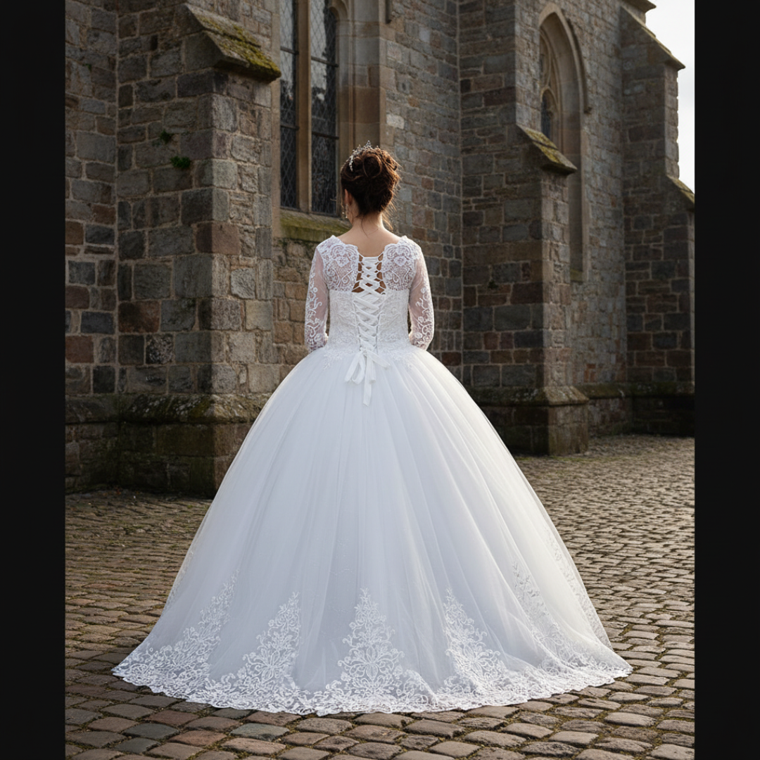 Floral lace Christian bridal ball gown with elegant embroidery and a romantic bridal silhouette