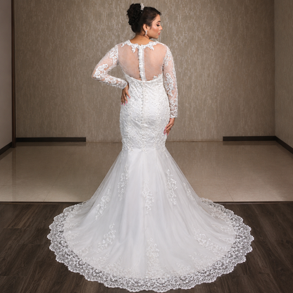 Detail of neckline and bodice on White Mermaid with Cathedral Train — GownLink GLGT044