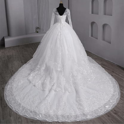 Floral lace princess wedding gown with luxurious embroidery and timeless Christian elegance