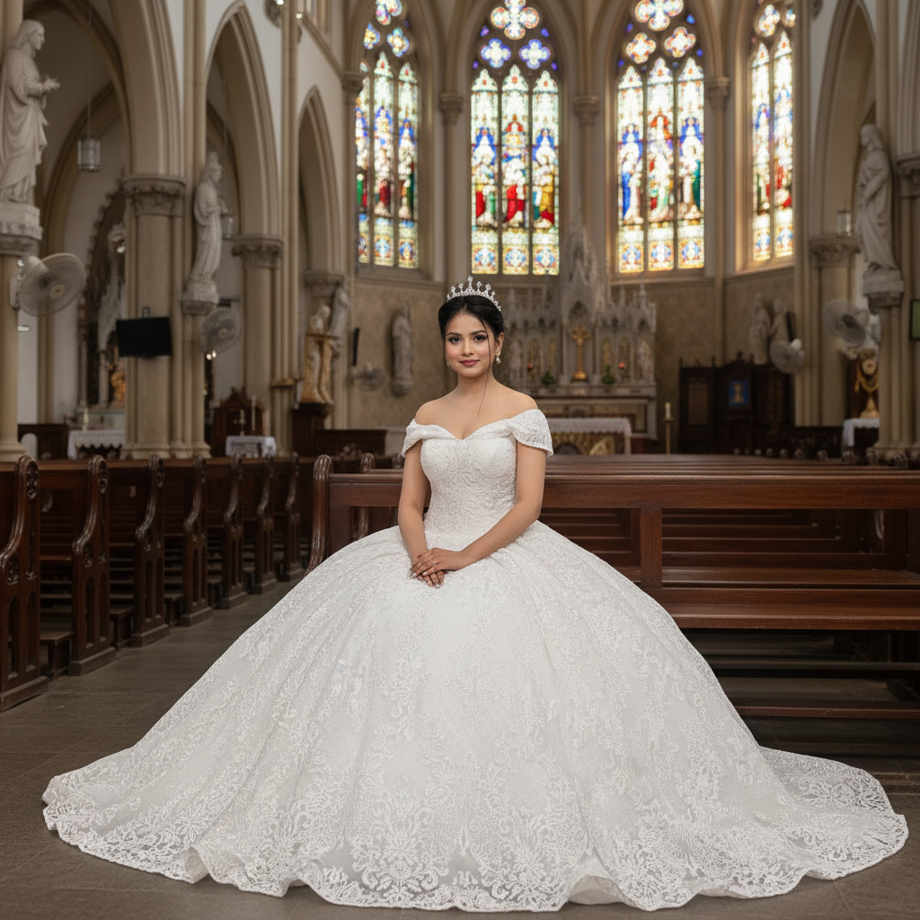Three-quarter view of White Ball Gown with Off-Shoulder on model — GownLink GLGF108