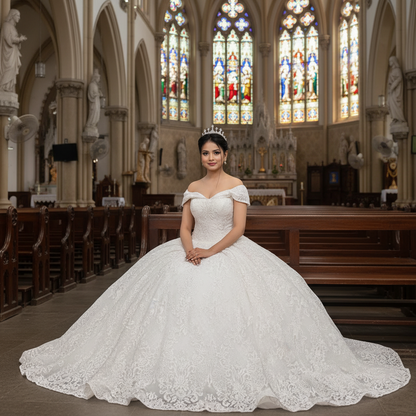 Three-quarter view of White Ball Gown with Off-Shoulder on model — GownLink GLGF108