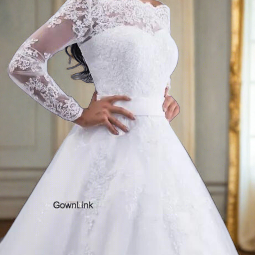 "Timeless Off-Shoulder white train Gown, Perfect for Catholic Wedding Magnificence"