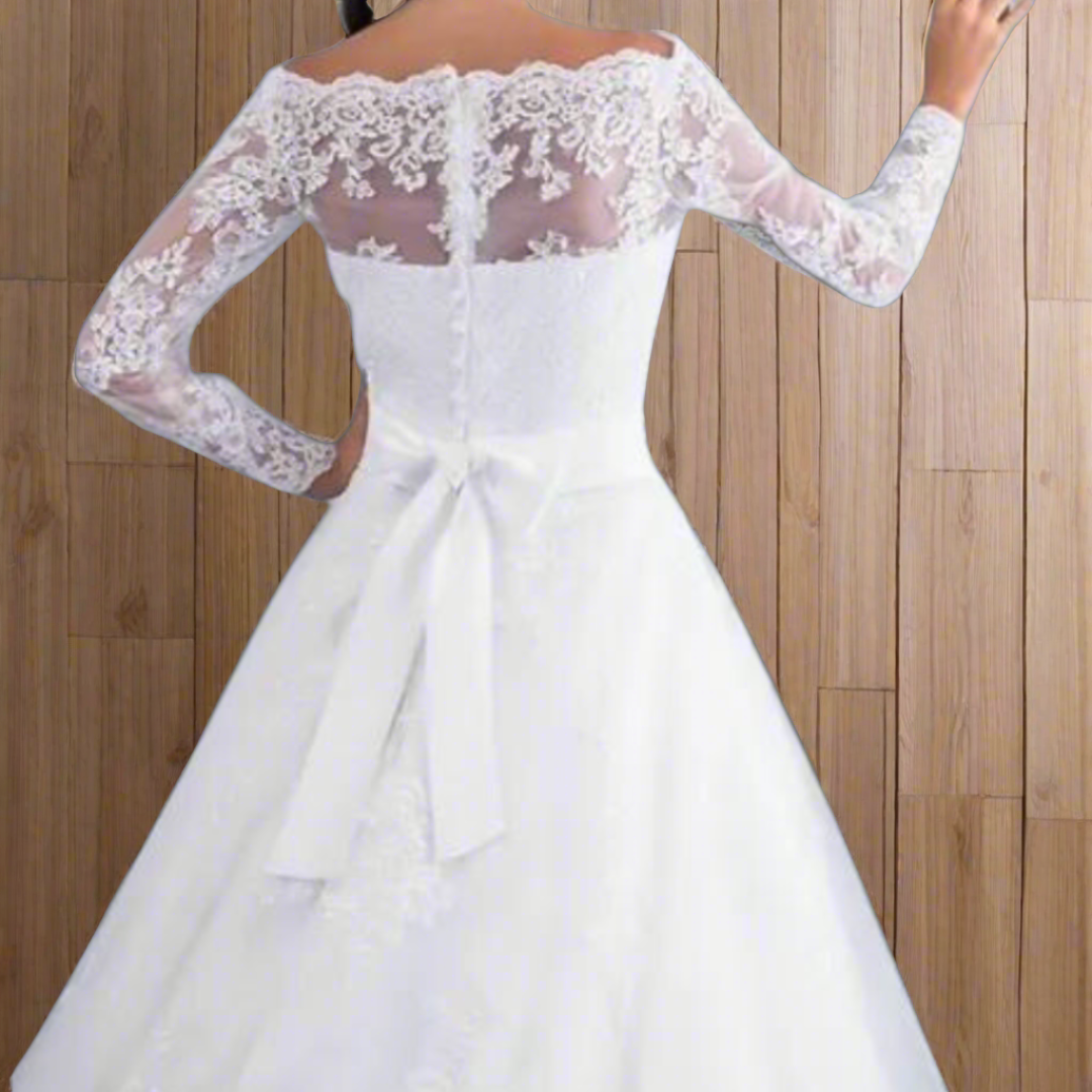 "Enchanting Christian princess white gown featuring a cathedral train."