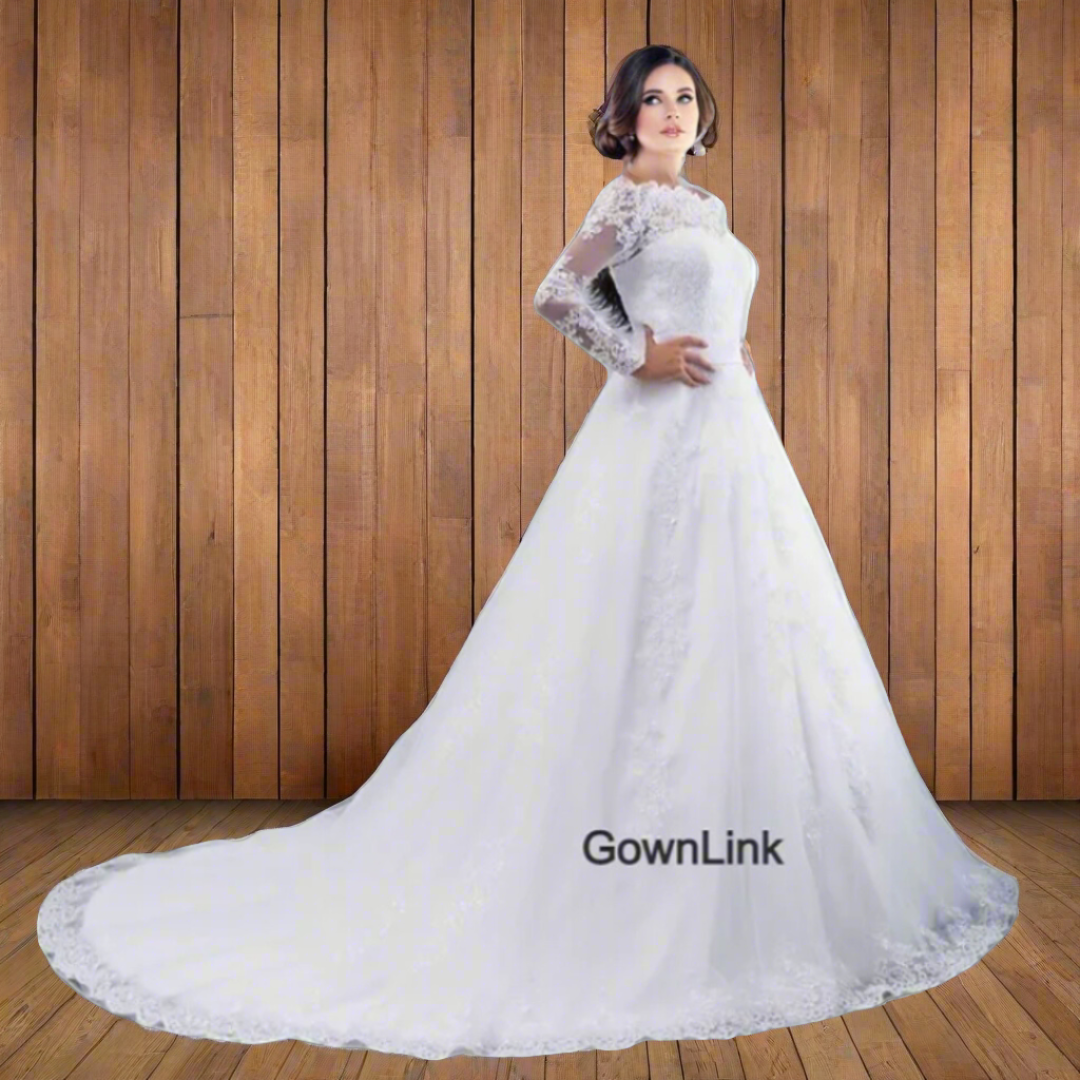 "Delicate lace white A-line christian wedding gown with a trailing train