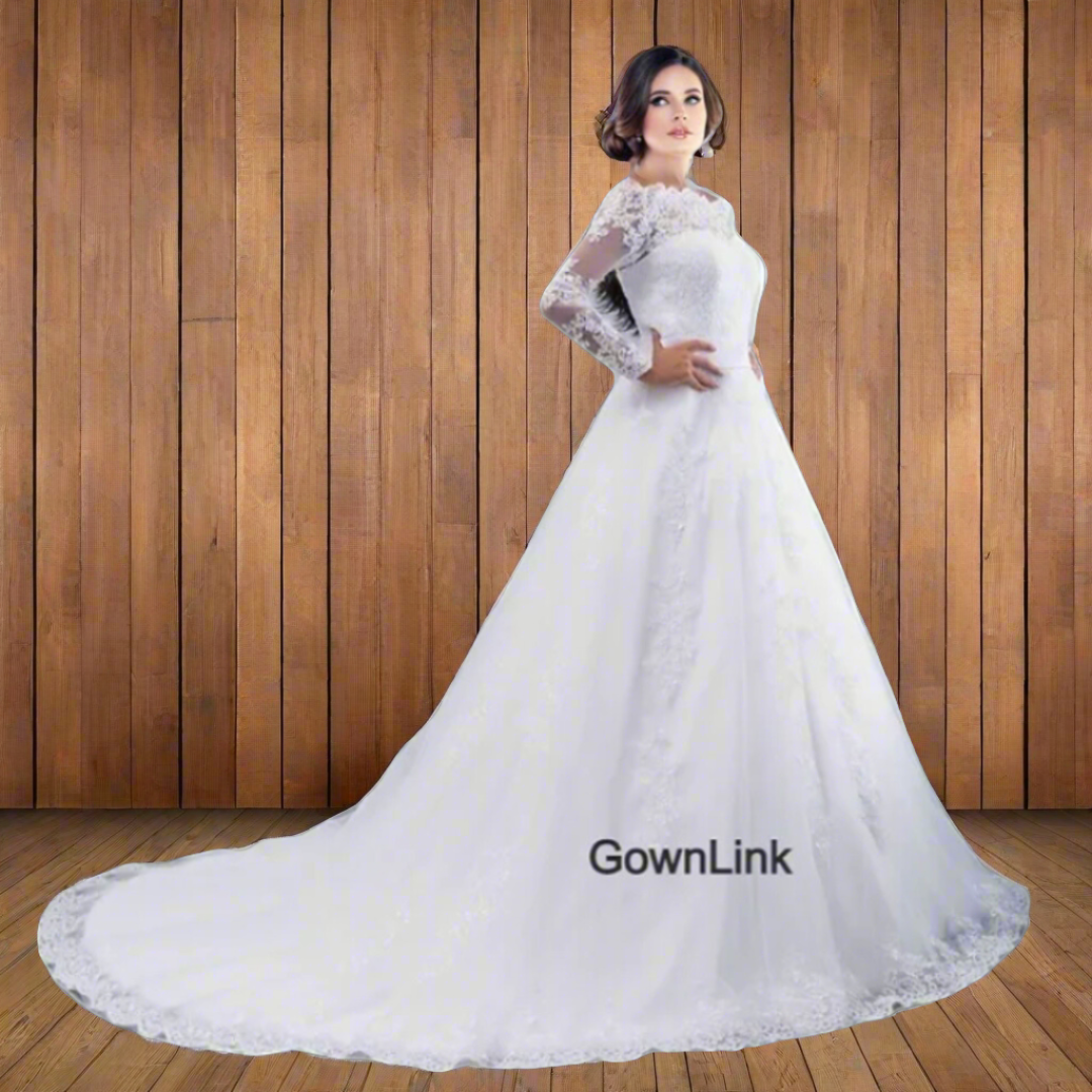  white A-line christian wedding gown with a trailing train Allahabad