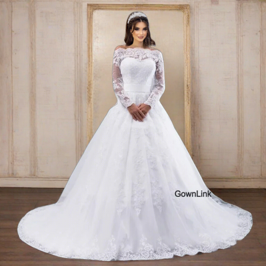 "Ethereal organza white Christian wedding gown with a chapel train."