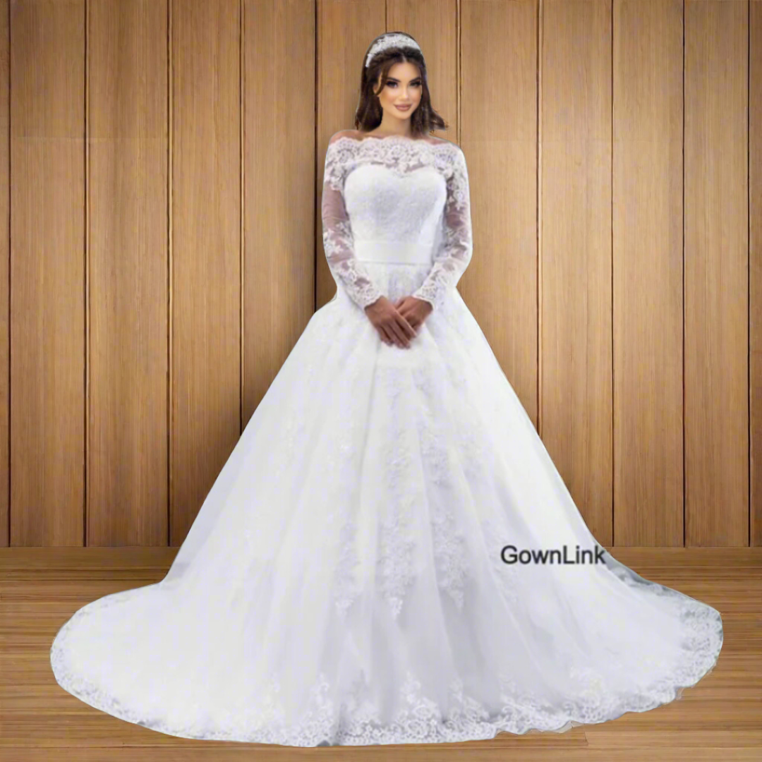 "Ethereal organza white Christian wedding gown with a chapel train."