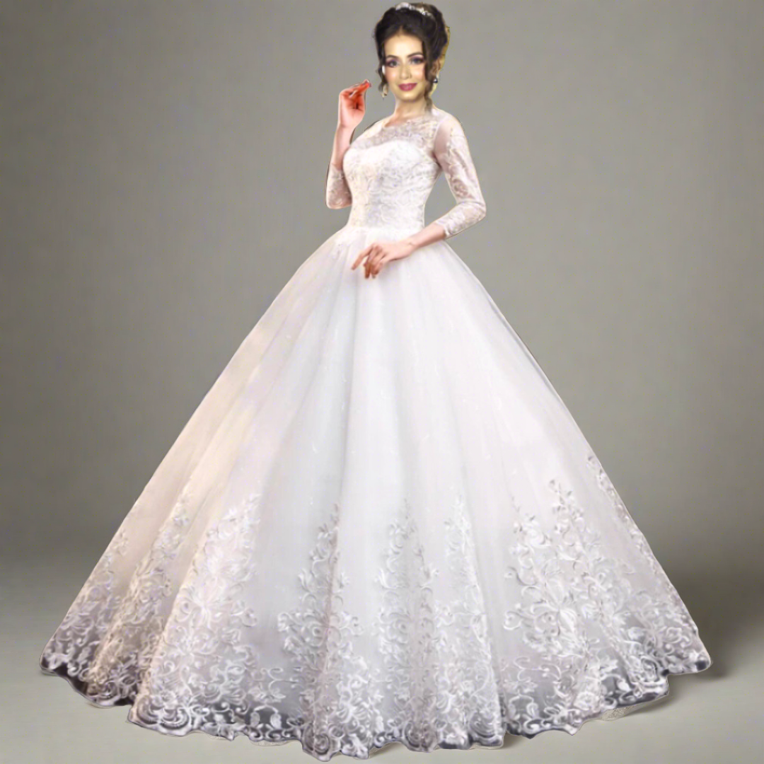 "Flowing empire waist Christian bridal ball dress with 3/4 sleeves."