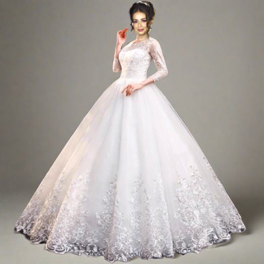 "Flowing empire waist Christian bridal ball dress with 3/4 sleeves." Sasaram,