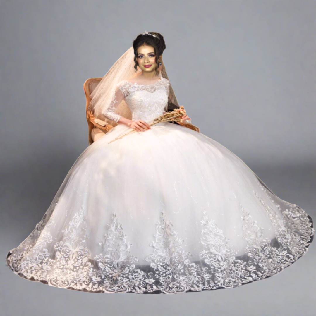 "Traditional white net satin Lace Christian bridal dress."