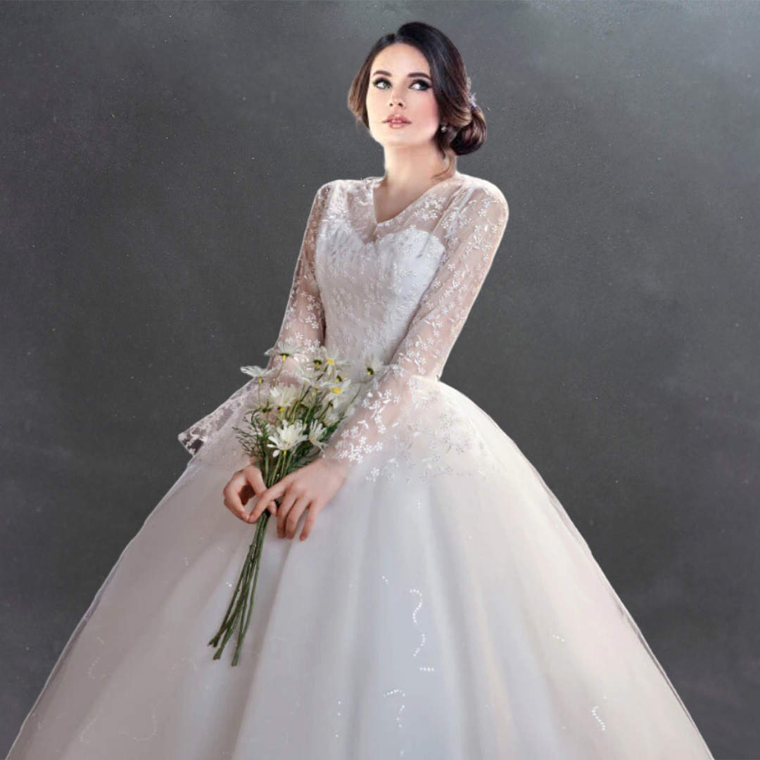 "Romantic Catholic white tulle ball gown with a royal entry."