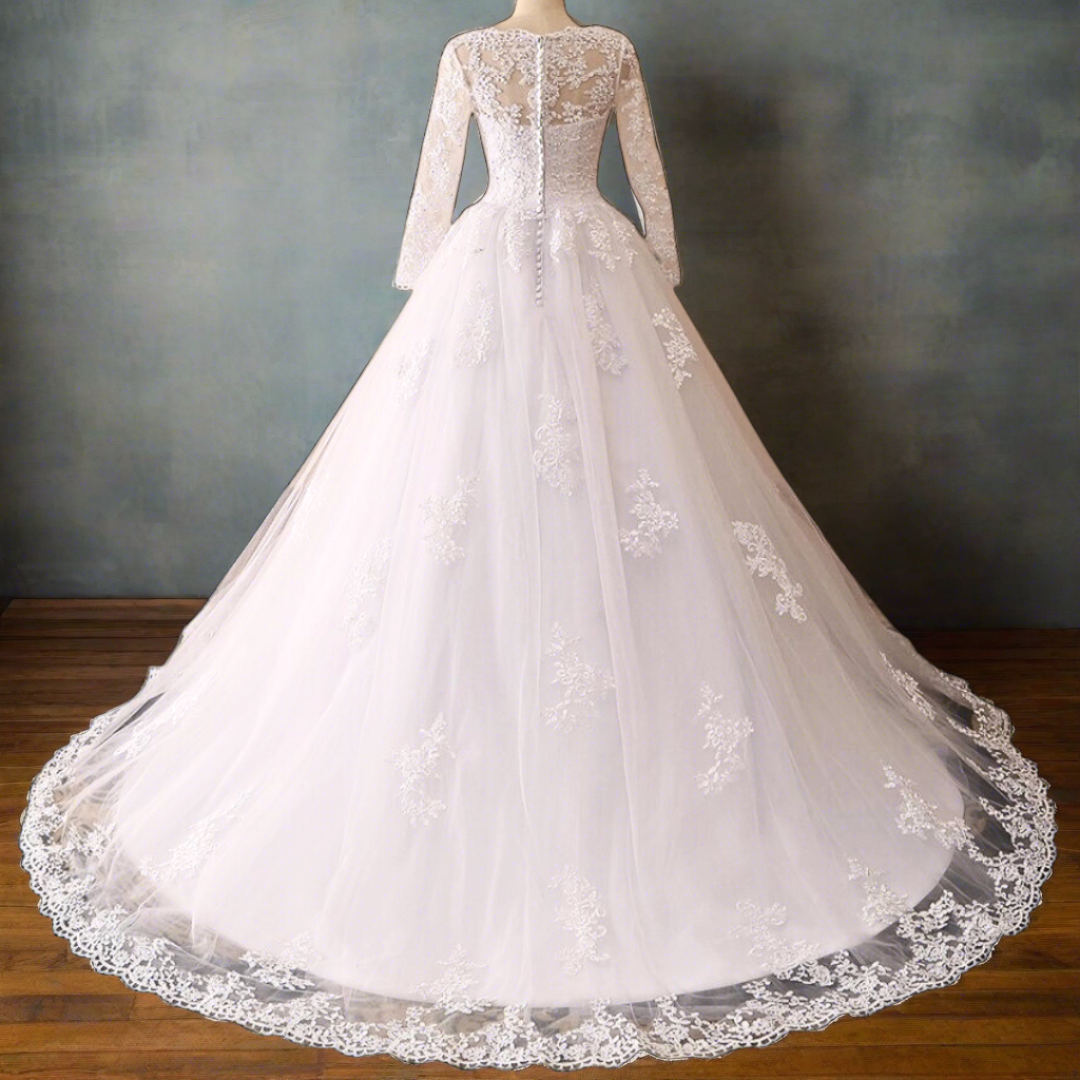 "Timeless Lace Train Gown, Perfect for Catholic white Wedding Magnificence"
