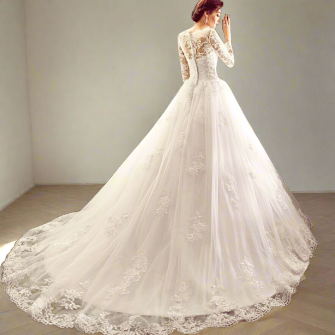 "Timeless Lace Train Gown, Perfect for Catholic white Wedding Magnificence"