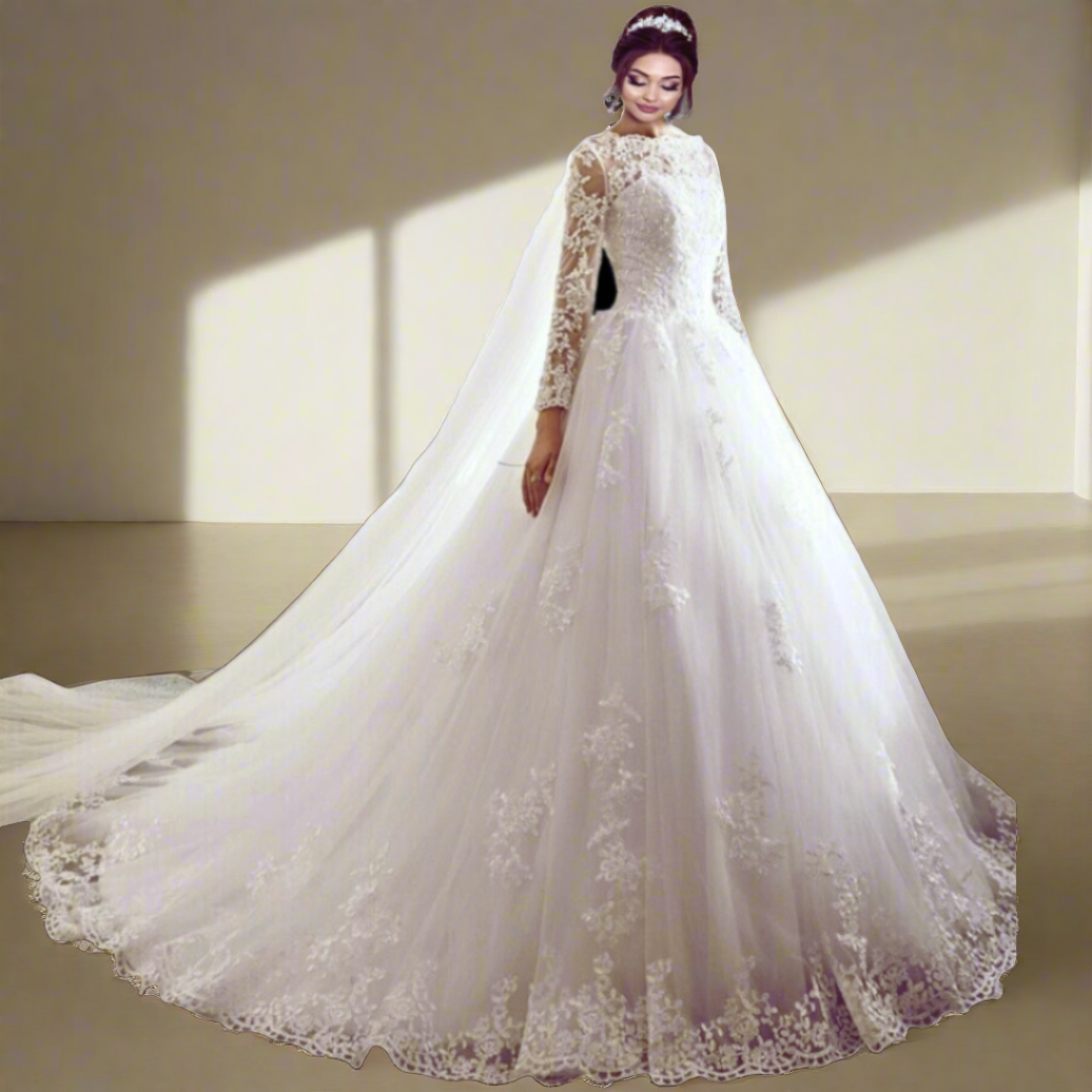 "Stunning Ball Gown with Cathedral Train, fit for christen Elegance."