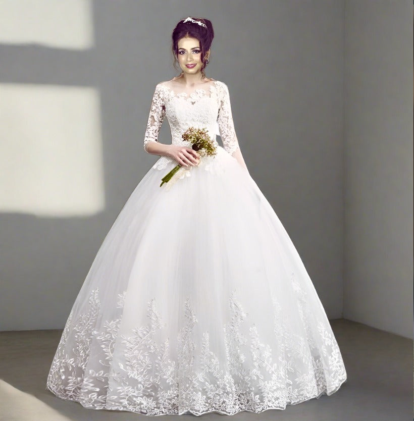 Ethereal White Lace Ball Gown, Perfect for Christian Weddings.