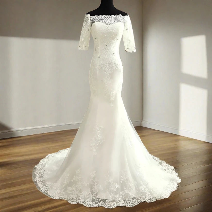 Gorgeous Off-Shoulder White Mermaid Gown, Perfect for Christian Nuptials"
