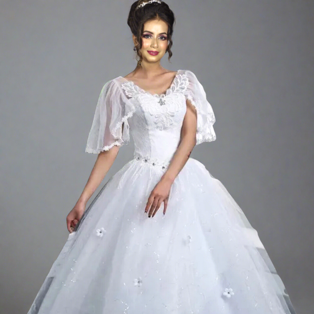 Graceful ball-style Christian bridal dress.