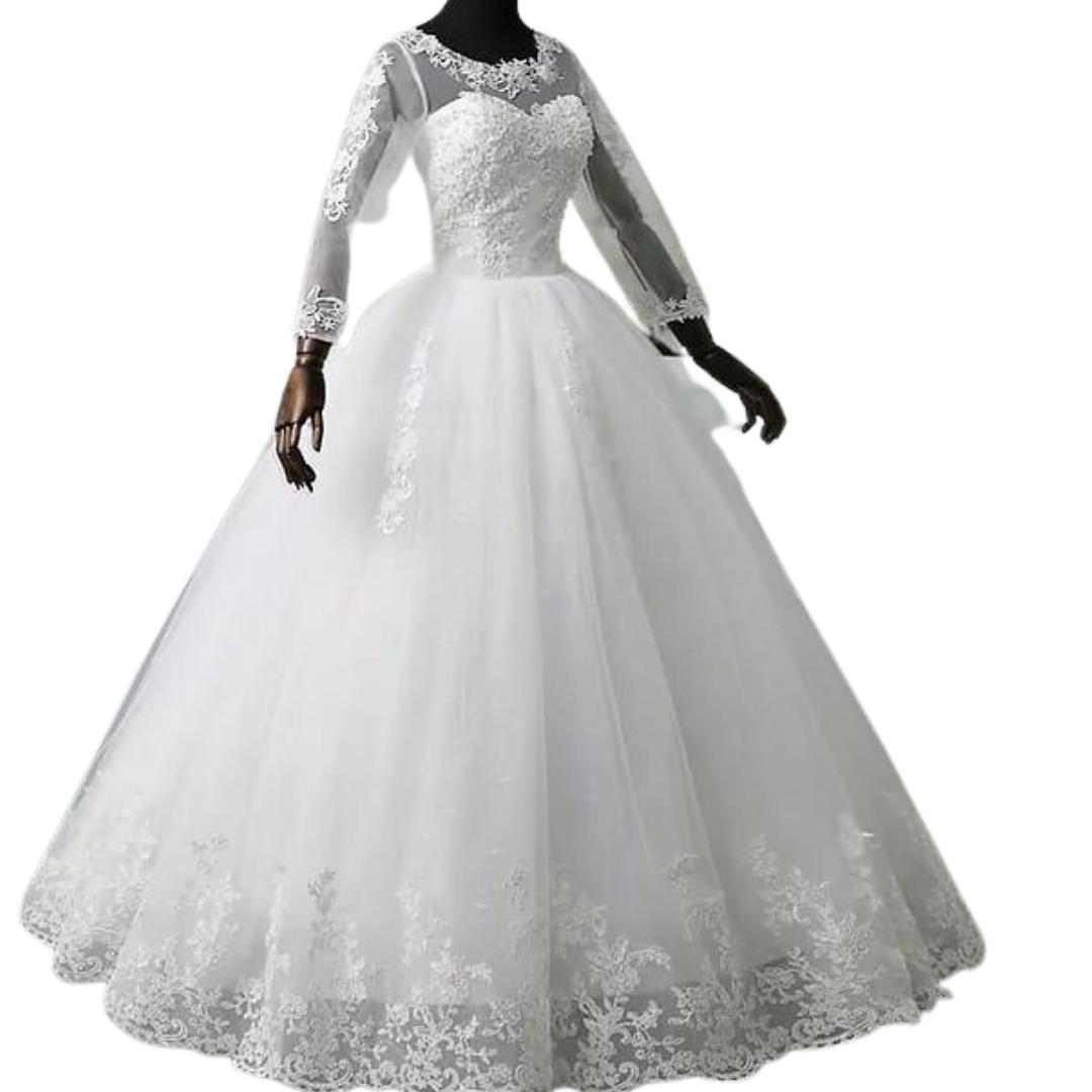 "Make a statement of love and devotion in this breathtaking lace ball gown."