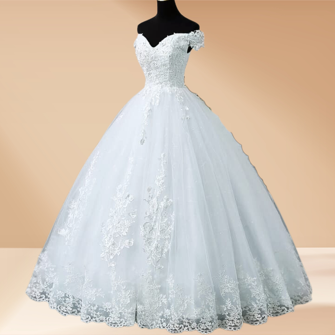 "Traditional white gown with chapel train for a Christian wedding."