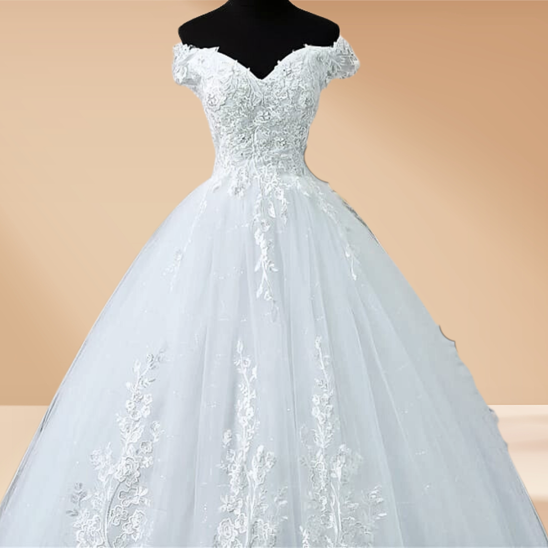 "Classic white Christian bridal gown with sweetheart neckline."