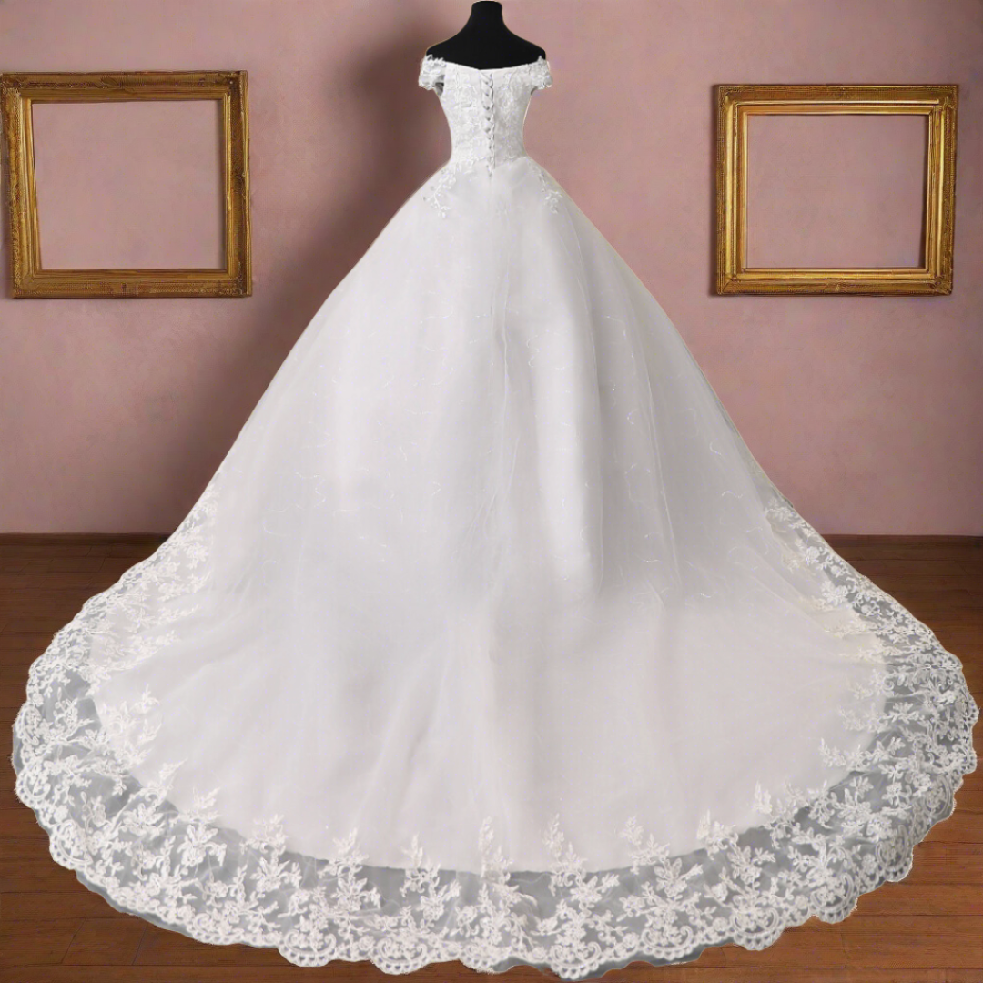 "Embroidered lace Christian wedding gown."