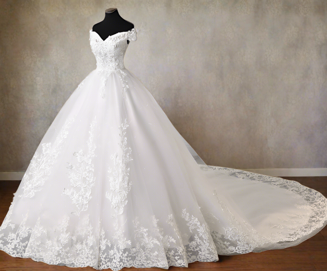 "Sleeveless Christian wedding gown with intricate beading."