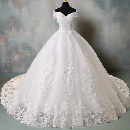 GownLink Elegant White Off Shoulder Wedding Train Gown for Christian & Catholic Brides Luxury Princess Bridal Dress with Long Royal Train – GLGF071T