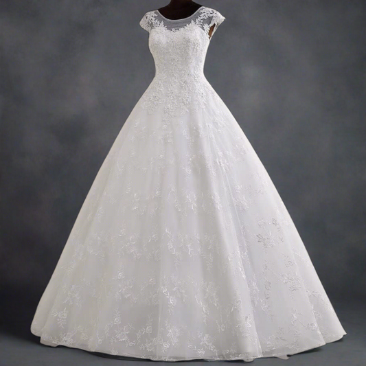 A-line Christian white wedding gown with delicate embroidery."