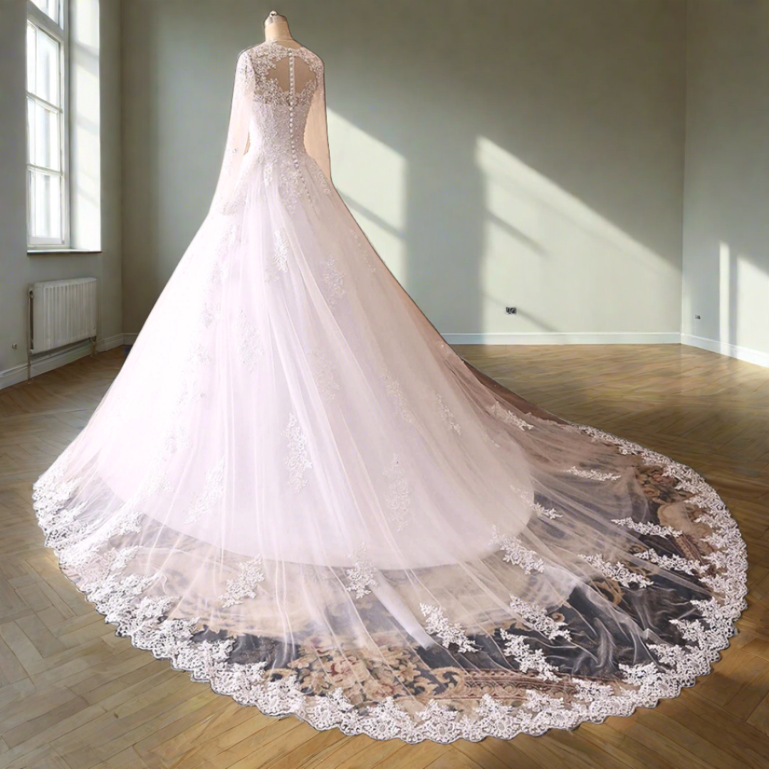 "Regal white Train Gown, Perfect for Christian Wedding Splendor"