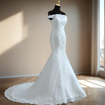  white Off-Shoulder Mermaid Gown, Perfect for Catholic Wedding Splendor" Hoshangabad