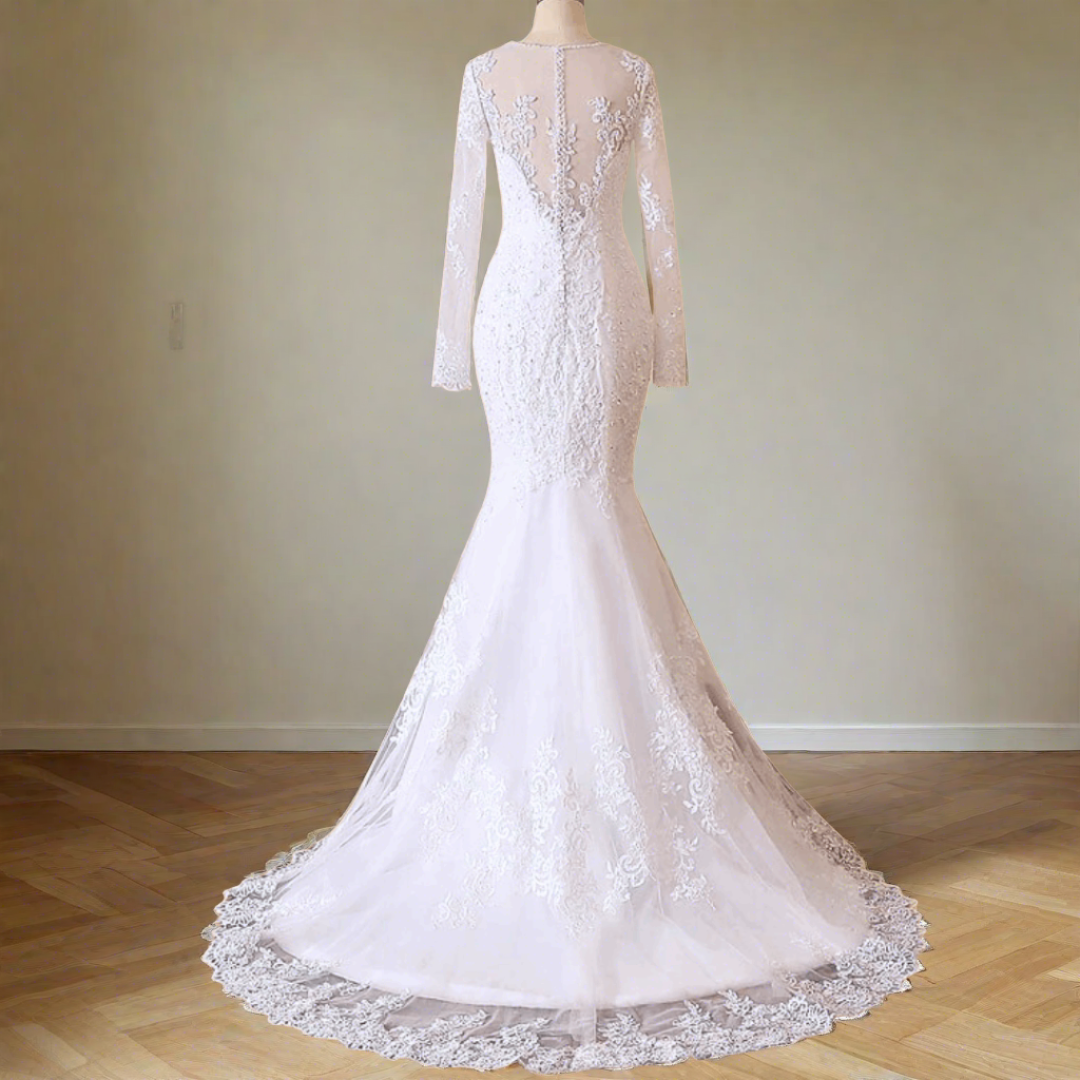 Pearl-adorned Christian wedding gown with cathedral train dress