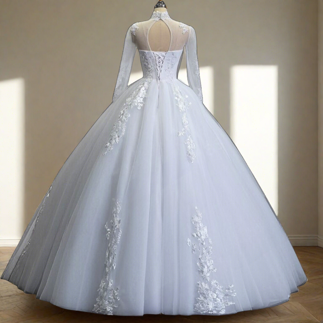 "Celebrate your faith with this exquisite white ball gown, designed for a Christian wedding."