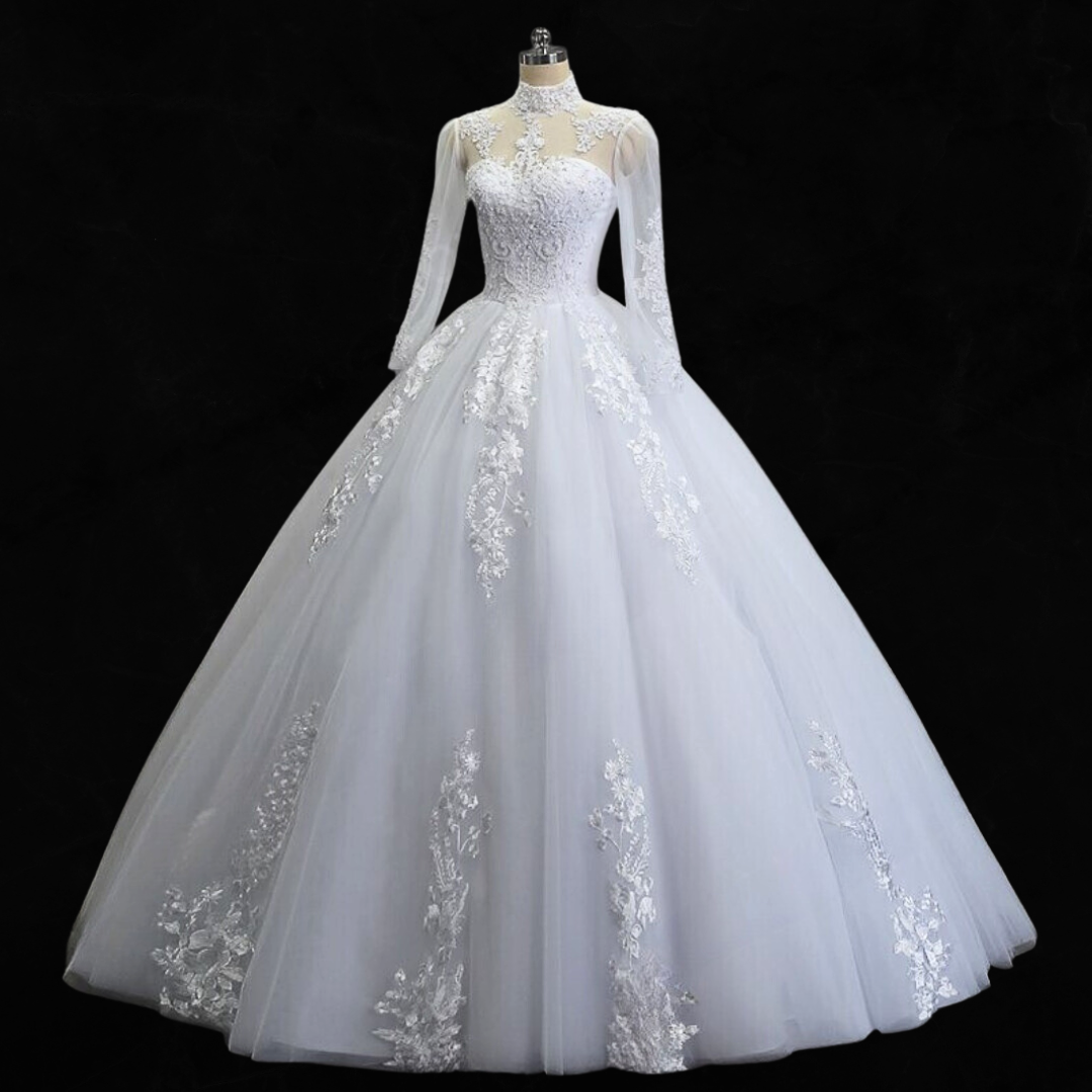 "Celebrate love and faith in this regal ball gown, tailored for a white christen wedding."