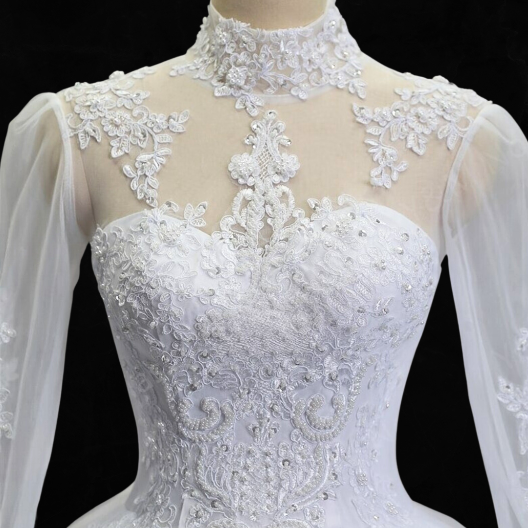 Sparkling high neck Catholic wedding dress with a crystal-embellished ball.