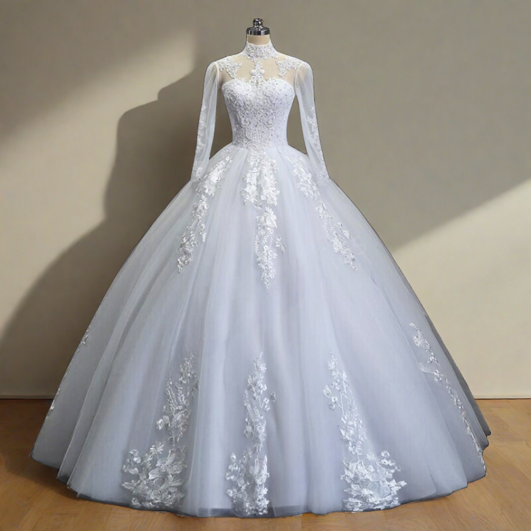"Leave a lasting impression with this ethereal white ball gown for a Catholic ceremony."