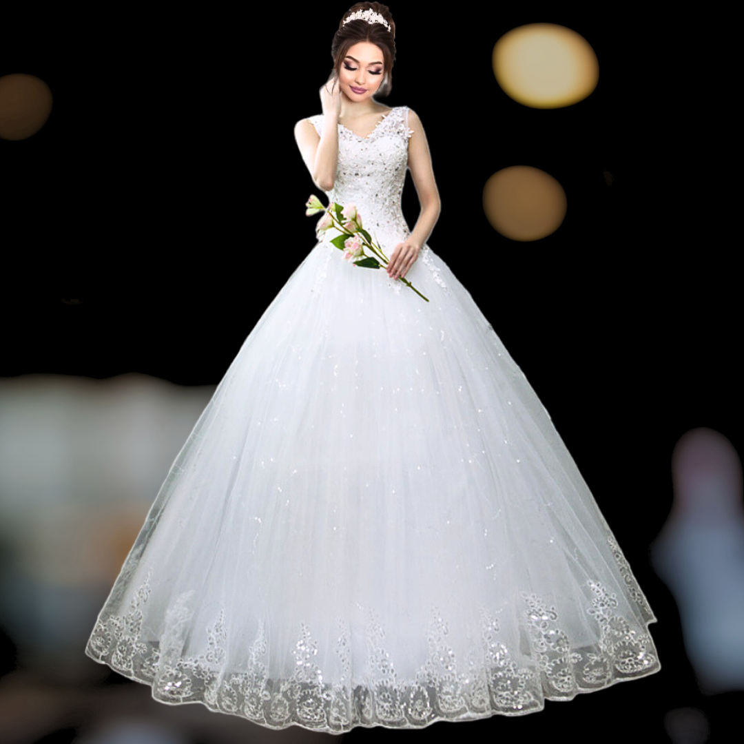 "Ethereal White Lace Stone Ball Gown, Perfect for Christian Weddings"