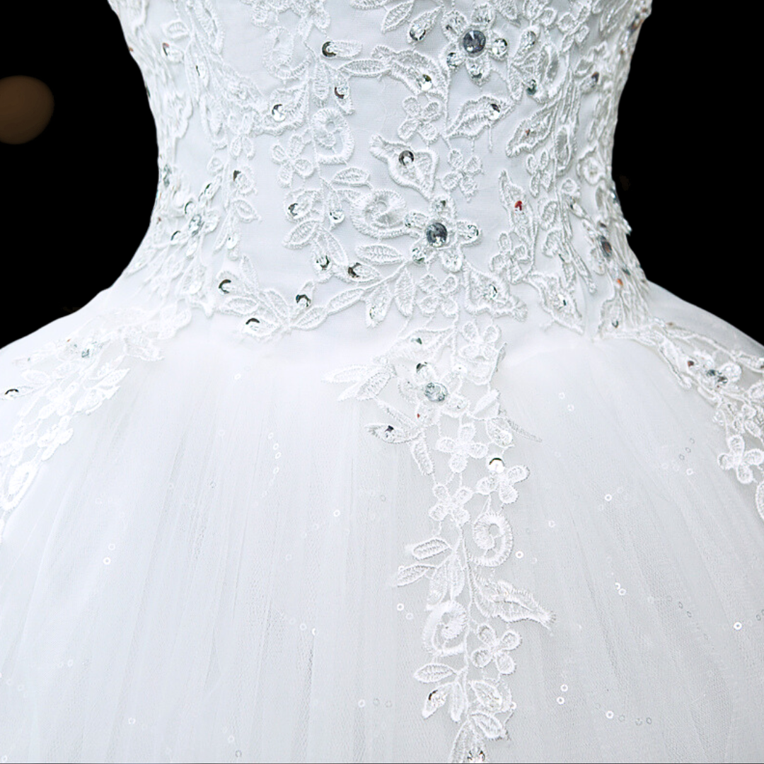 "Regal Ball Gown with Illusion Bodice, Fit for White Christian Elegance"